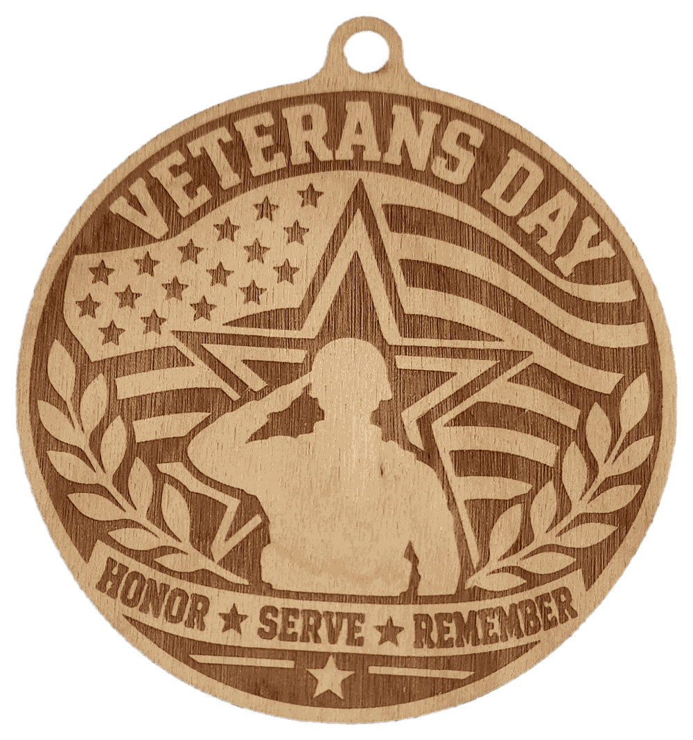 This year's 4-inch laser-cut wood Veterans Day ornament reading Honor. Serve. Remember.